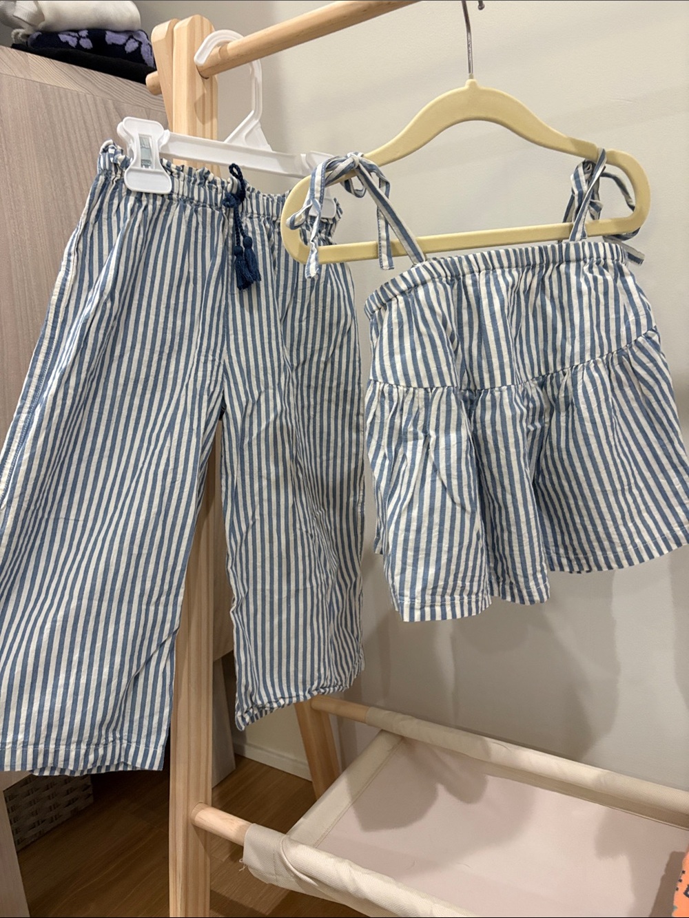 Pink Chicken Blue and White Striped Set